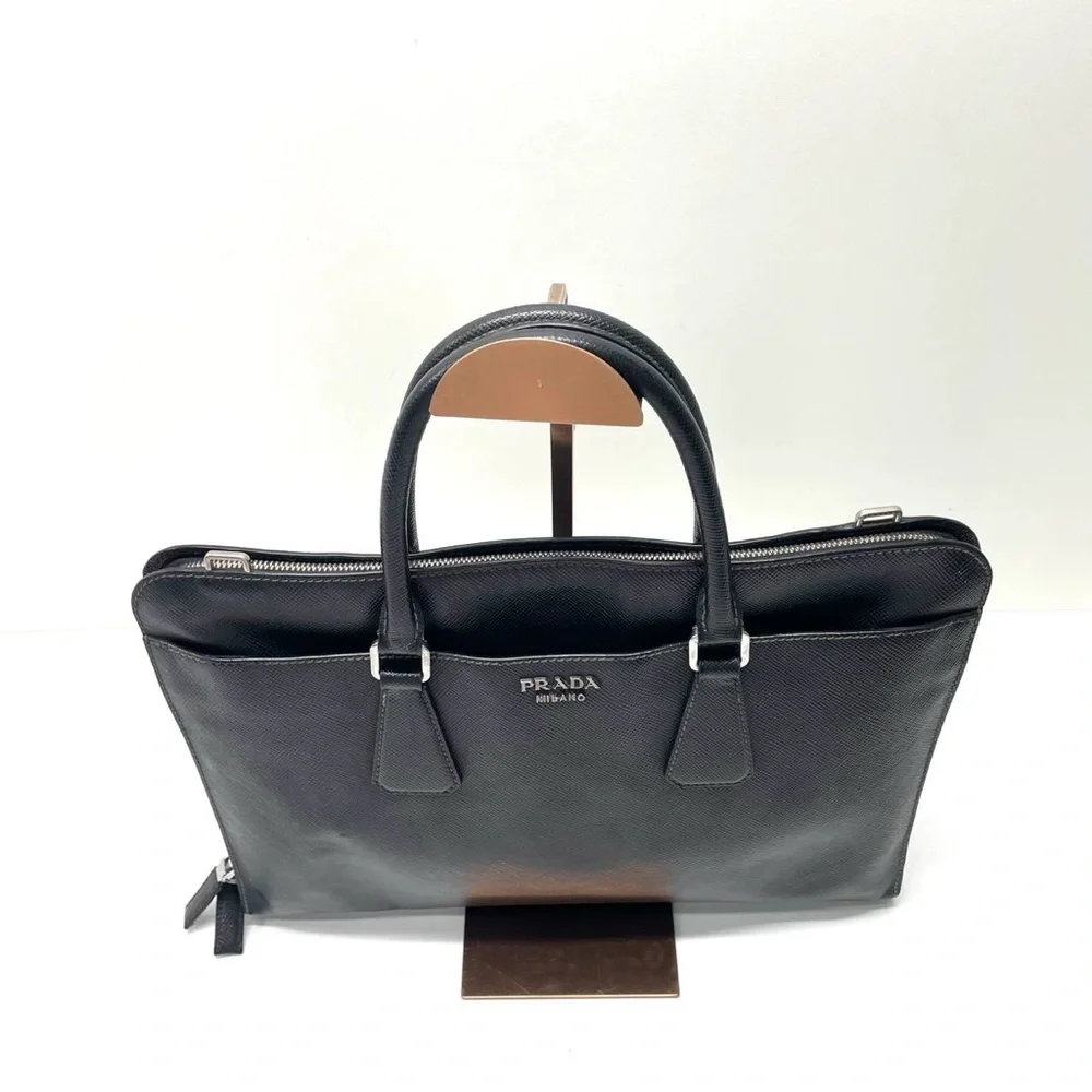 PRADA Saffiano Leather Black Tote Bag Structured‎ Work Bag Elegant Business